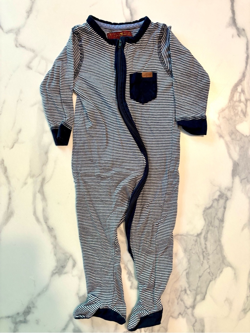 7 For All Mankind Baby Navy and White Striped Footed One-Piece
